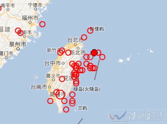 臺灣宜蘭縣地震震中附近過去一年發生的３.０級以上地震分布