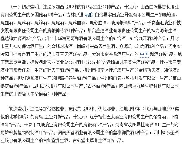 保健酒添加偉哥被查處的企業名單