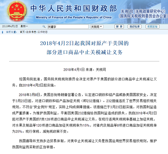 加征美國商品關(guān)稅