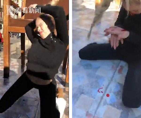美女街頭表演柔術(shù)失誤 鼻子撞上椅子當(dāng)場流血